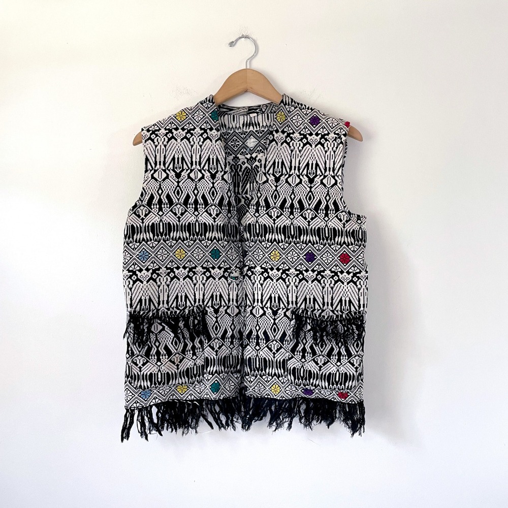 Vintage Boho Fringe Vest Medium Geometric Folk Art Artisan Guatemalan 60s
